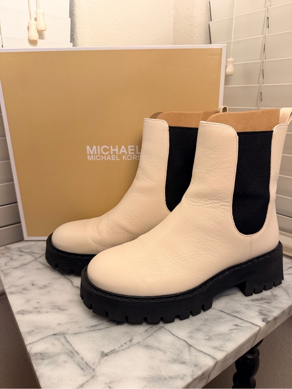 Michael Kors Cream Leather Chelsea Lug Boots with Black Elastic